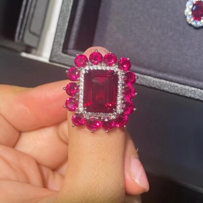 Anillo de boda de diamantes y rubíes naturales de 8,80 quilates de oro blanco sólido de 14 quilates 5 6 7 Foto 1 de 4