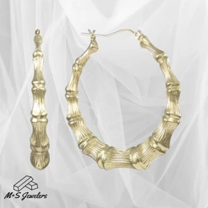 10K Yellow Gold Round Bamboo Hoop Earrings - Door Knocker Women - Picture 1 of 9