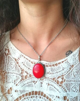 COLLANA CORALLO ROSSO SARDO NATURALE, CIONDOLO DI CORALLO E ARGENTO 925 LAVORATO - Immagine 1 di 4