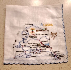 Vintage Alaska State Map Souvenir Hanky Embroidered Franshaw Cotton NOS NEW HTF - Picture 1 of 5
