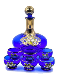 Elegant Bohemian 7 Piece Liqueur Decanter Set – Cobalt Blue - c.1950 - Picture 1 of 16