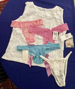 4 Bikini Panties sz M Bonus Lace Top Cinema Etoile Rene Rofe pink blue white Lot - Picture 1 of 14