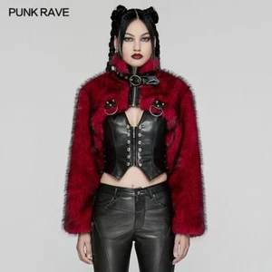 Punk Rave Women Black And Red Gothic Punk Personalized Zipper Short Fur Jacket - Picture 1 of 20