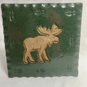 Moose Trivet 5” X 5” Vintage Seward Alaska Green Imprinted Tracks Hot Plate - Picture 1 of 6
