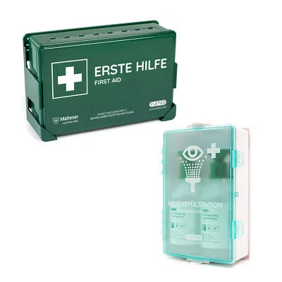 FLEXEO Betriebsverbandkasten grün DIN 13157 inkl. Augenspülstation 2x 500ml NaCl