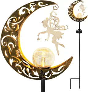 Solar Garden Lights Outdoor Decor Waterproof, Moon Fairy Crackle Glass Globe wit - Picture 1 of 12