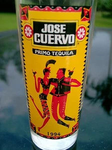 JOSE CUERVO TEQUILA 1994 TALL SHOT GLASS RED & BLACK & YELLOW LOGO PRIMO TEQUILA - Picture 1 of 5