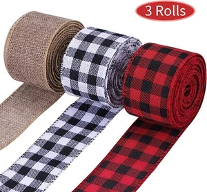 3 Rolls Wired Plaid 3 Rolls, 3x10 Yards, 2 Inch Black Red Plaid Ribbon DIY Gift - Picture 1 of 8