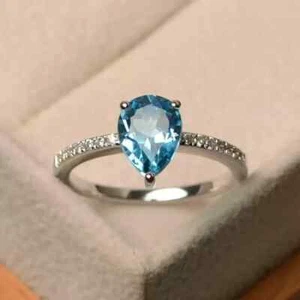 2Ct Pear Cut Lab Created Blue Topaz Halo Wedding Ring 14K White Gold Plated - Picture 1 of 6