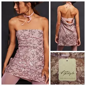 FREE PEOPLE Night Gaze Mini Sequin Fit & Flare Dress Blush Pink Medium -NWT $98 - Picture 1 of 7