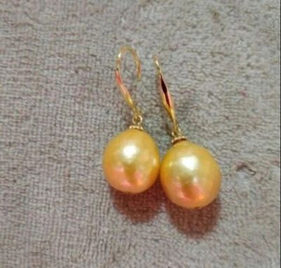 Impresionantes Pendientes AAA+ 12x10mm Perla Amarilla Natural Real Mar del Sur Oro 14k P Foto 1 de 4