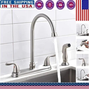 2-Handle Stainless Steel Kitchen Faucet with Adjustable Sprayer and Swivel Spout - Picture 1 of 9
