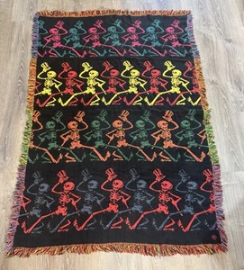 Vintage Grateful Dead Dancing Skeleton Tapestry Fringe Throw Blanket 70x48 RARE - Picture 1 of 9