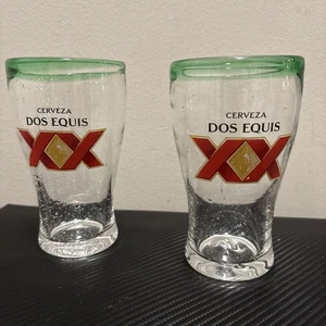 2 Dos Equis XX Beer Glasses Hand Blown Green Rim Bubble Glass 6.5” - Picture 1 of 5