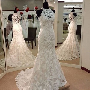 Mermaid Wedding Dresses Lace Appliques Halter Neck Sleeveless Long Bridal Gown - Picture 1 of 7