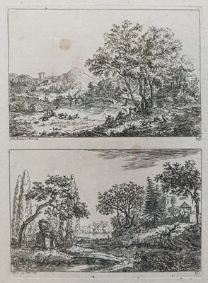 Landschaft Wassermühle Steg Kirchen-Ruine Christian von Hagedorn Radierung 1765 - Bild 1 von 4