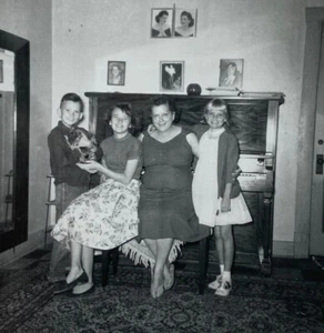 Woman With Children Holding Cat Sitting By Piano B&W Photograph 3.5 x 3.5 - Picture 1 of 3