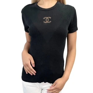 CHANEL Vintage P37824 CC Mark Logo See-through T-shirt Top #42 Black Cotton - Picture 1 of 11