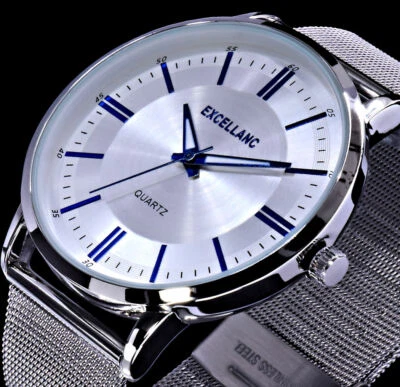 Excellanc Herren Männer Quarz Uhr Silber Blau Edelstahl Mesh Armband B-Ware - Bild 1 von 4