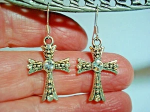 1 1/2" Drop SP Sparkling Rhinestone Cross Earrings 100% Donation - Picture 1 of 4