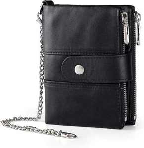Carteras plegables de cuero real para hombre con doble cremallera monedero con cadena - Imagen 1 de 29