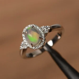 Natural White Opal Ring Wedding Ring October Birthstone Oval cut 925 Silver - Picture 1 of 4