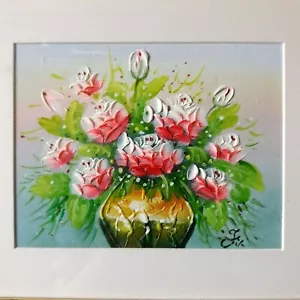 Dipinto olio su tela originale fiore nel vaso cornice legno artista firmato JP - Foto 1 di 9