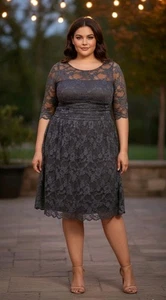 158 $ 5X KIYONNA Luna Spitzenkleid grau Cocktail formell Party Hochzeit Fit & Flare  - Bild 1 von 18