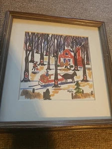 Pintura acuarela arte popular bosque invierno Hilda Kaihlanen vintage - Imagen 1 de 7