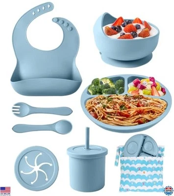 Juego de alimentación de bebé de silicona de 10 piezas - ¡Ventosa, plato, babero, cuchara, taza y bolsa! Foto 1 de 4