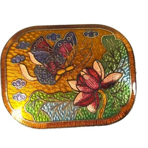 VTG Cloisonne Scarf Slide Belt Buckle Butterfly Lotus Water Lilly Floral 90s - Picture 1 of 7