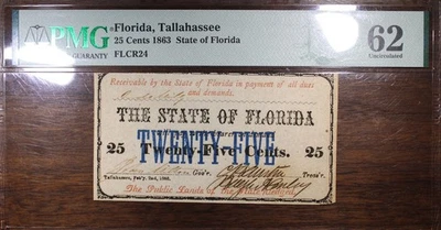 1863 25 Cents State Of Florida Tallahassee PMG 62 Uncirculated Toning - Image 1 of 2