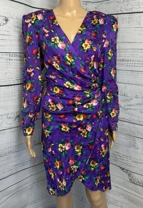 Vintage Maggy London Seide Wickelkleid Gr. 10 lila Blumen Schulterpolster 80er Party - Bild 1 von 13