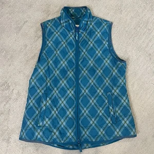 Coldwater Creek Vest Size M Teal Plaid Quilted Light weight Layer Full Zip - Picture 1 of 6