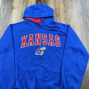 Vintage Kansas Jayhawks Sweatshirt Mens M Blue Hoodie Spellout Logo Y2K Sweater - Picture 1 of 13