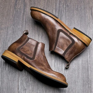Retro British Style Mens Pull On Real Leather Chelsea Ankle Boots Round Toe Size - Picture 1 of 20