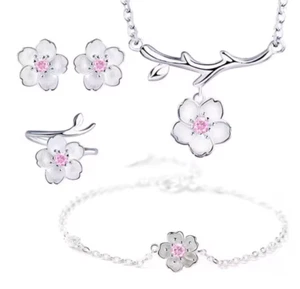 HALLMARKED 925 Sterling Silver Flower Necklace Stud Earrings Ring Bracelet SET - Picture 1 of 15