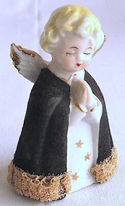 Estatuilla de ángel flocado de terciopelo negro de China de los años 50 con detalles dorados Japón 3,5" de alto - Imagen 1 de 8