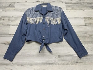 90s Vintage Womens Sz Large Chambray Denim Crop Tie Fringe Equestrian Rodeo Top - Picture 1 of 9