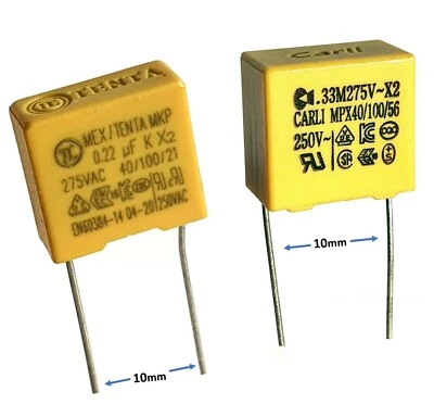 TC TENTA [2pcs] 0.22uF, 0.33uF 275V MEX X2 Safety Capacitor, pitch 10mm –ref:aA22