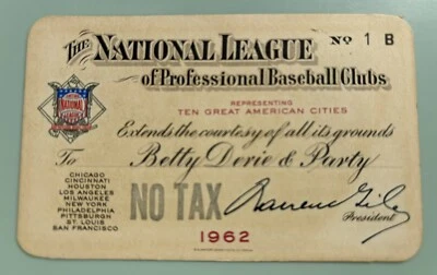 1962 Sandy Koufax No-Hitter  NL Ticket Pass LA Dodger  Mr Mt ⚾️ - Image 1 of 3