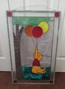 Vintage Stained Glass WINNIE THE POOH w BALLOON 22"x17" - Picture 1 of 7