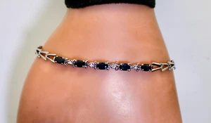 Precioso brazalete de lujo de 7" de zafiro y diamantes de 1,75 quilates de oro blanco de 10 quilates para dama - Imagen 1 de 6