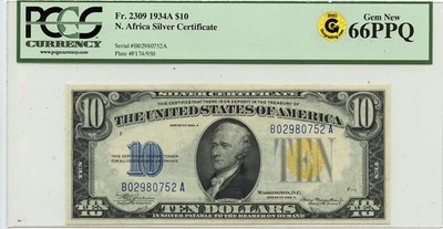 1934A $10 N. Africa - WWII Emergency Issue Fr# 2309 PCGS Gem66 PPQ GCC Gold - Image 1 of 2