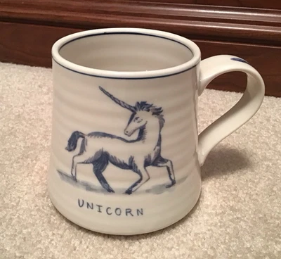 Anthropologie Molly Hatch Blue & White Unicorn Stoneware Mug 16 oz~4"H~UNUSED - Image 1 of 4