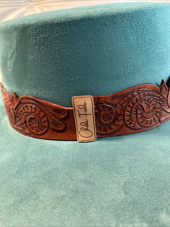 Sombrero Chida Frida al por menor $165. Madera de vaquero mexicano Tooled Teal Western para mujer talla L Foto 1 de 4