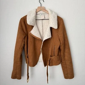 Flying Tomato Womens Tan Sherpa Cropped Coat Jacket Size Large Belted Teddy Line - Picture 1 of 12