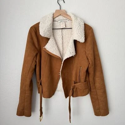 Flying Tomato Womens Tan Sherpa Cropped Coat Jacket Size Large Belted Teddy Line - Image 1 of 4