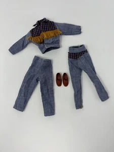 VTG 1980s KEN or CLONE DOLL CLOTHES Blue Jean Country Plaid Fringe Pants Shoes - Picture 1 of 16