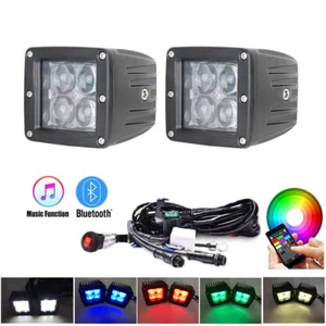 2x 3inch RGB Led Work Light 3x3" Spot Pods Offroad Strobe Multi Color & Harness - Picture 1 of 12